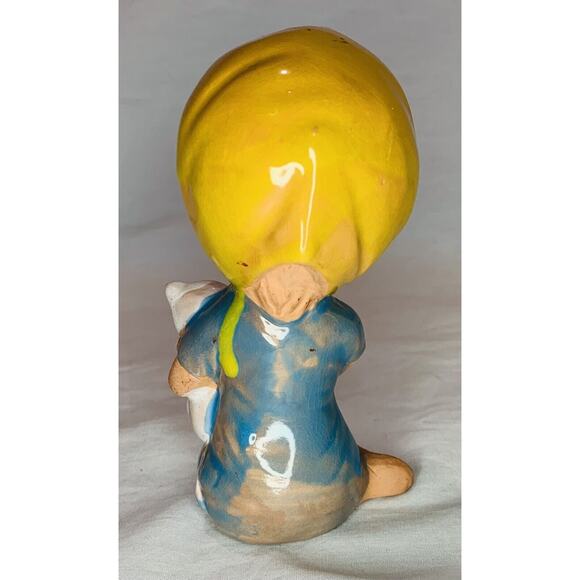 Uctci Japan Figurine Girl Pottery Red Clay 5" Vintage 1960s MCM Blue Dress Cat - Picture 4 of 11